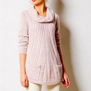 Anthropologie Guinevere Cowlneck Cable Knit Swing Sweater Marled Light Pink M